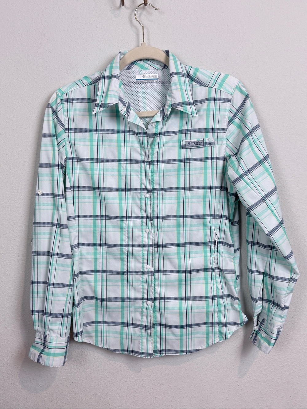 Columbia PFG Omni-Shade Mint Green Plaid Snap Front Shirt S